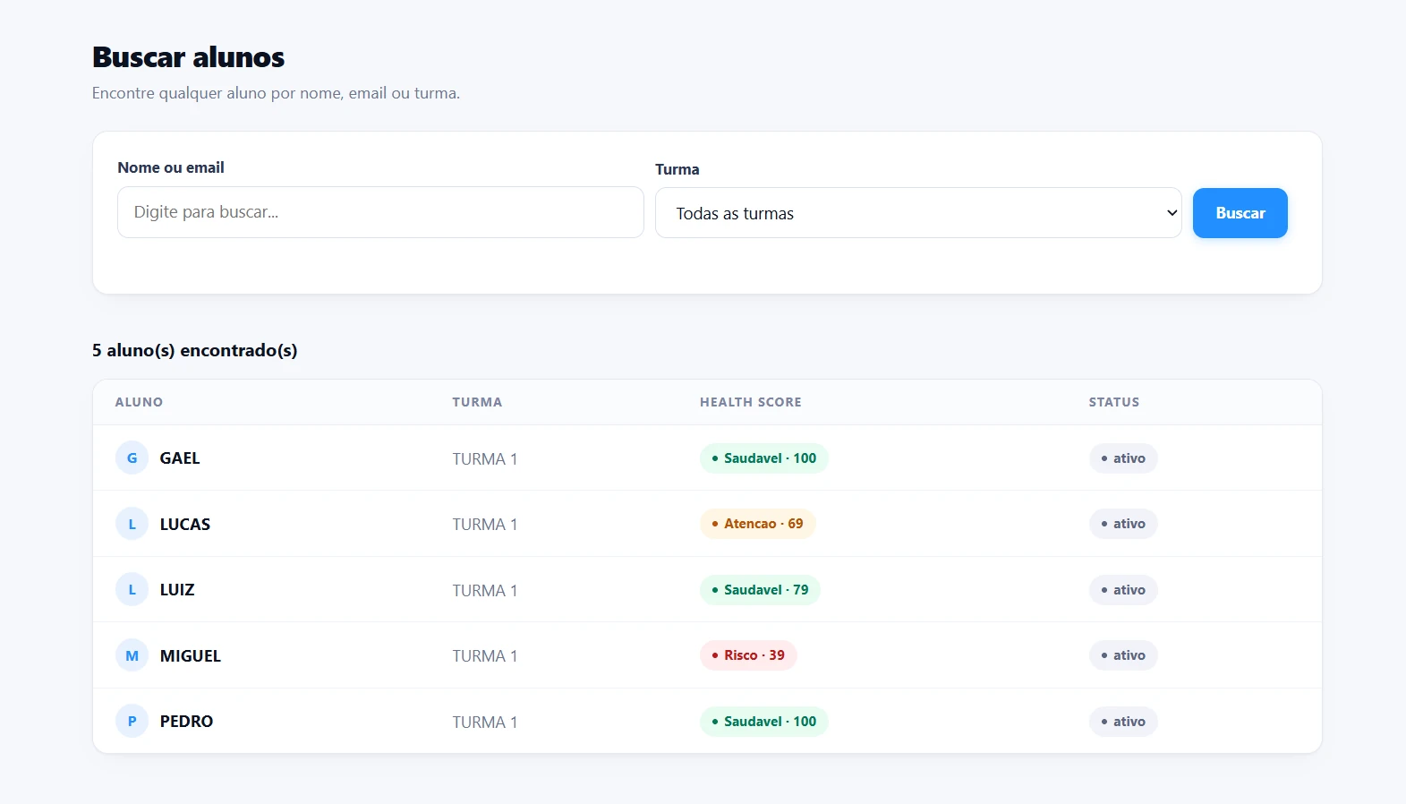 Tela Buscar alunos do Movix com filtros, Health Score e status